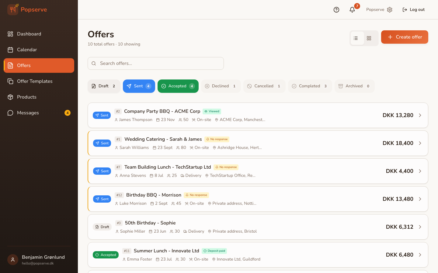Offer list with status and details
